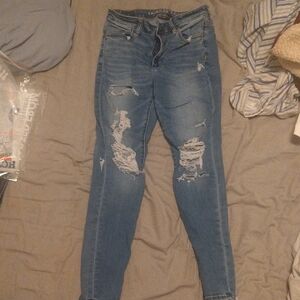 American Eagle Outfitters Blue Skinny Jeans with Distressed Details